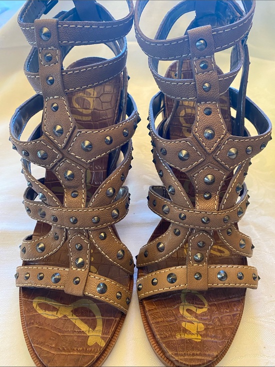 Sam Edelman Shoes - Sam Edelman Keith Tan Leather Studded Caged Gladiator Block Heel Sandals 10M